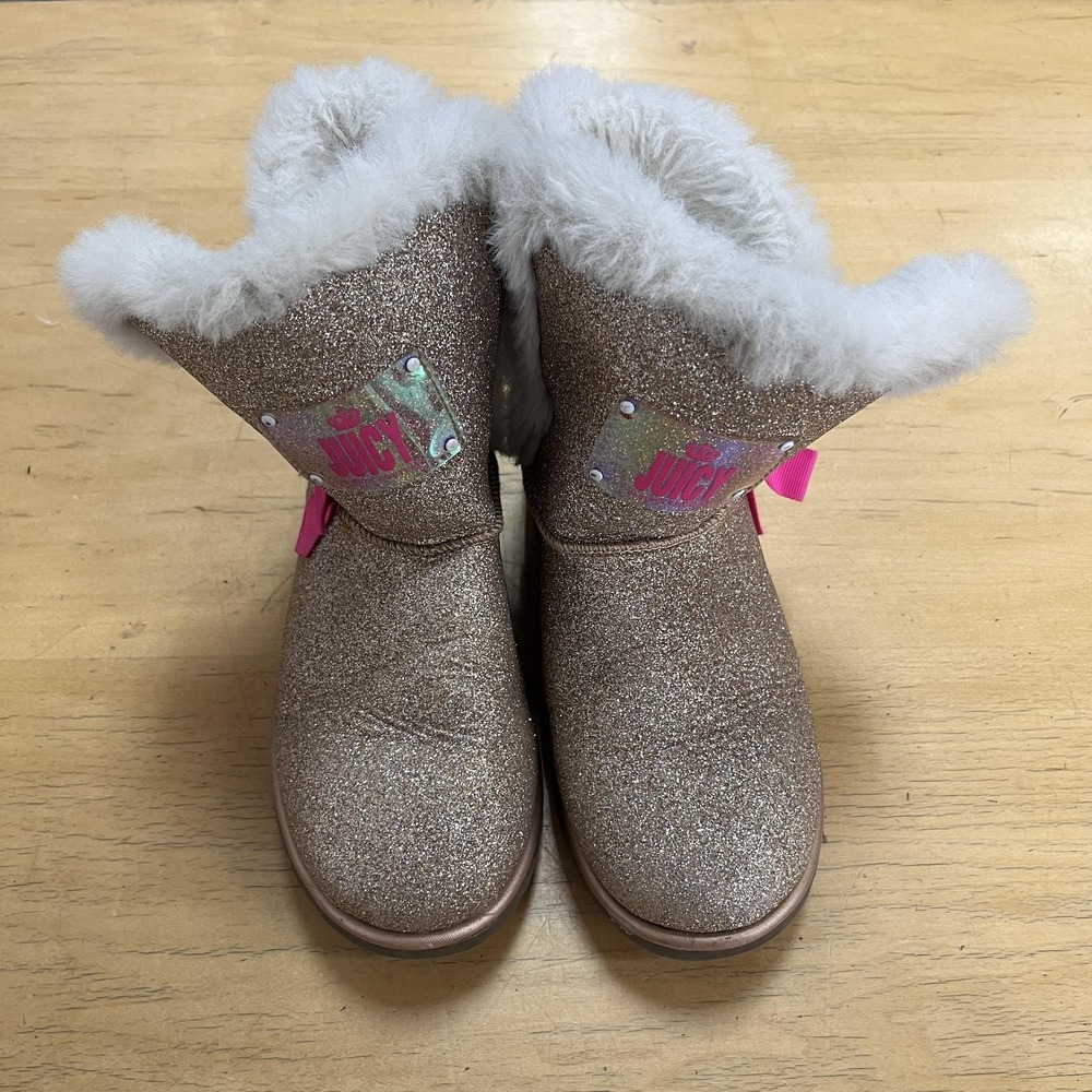 Juicy Couture Snow Boots Girls Size 3 Gold‎ Glitter Faux Fur Lined Pink Bows